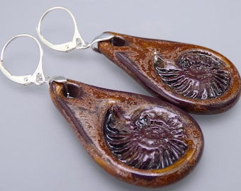 SPARKLY AMMONITES - Handmade Art Ceramic Earrings with 925 silver - Rowanberry Designs
