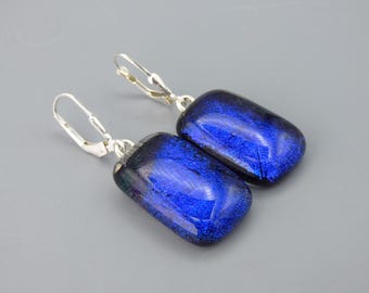 CLEARANCE Earrings - Handmade Iridescent Dichroic Fused Art Glass & Sterling Silver Earwires