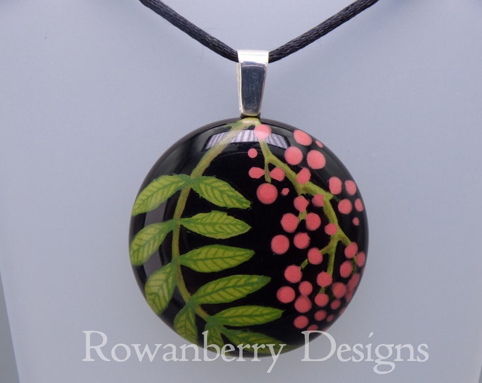 Rowan Leaf and Berries Pendant - with Optional Chain/Cord - Handmade Fused Painted Art Glass & 925 Sterling Silver - Rowanberry Designs