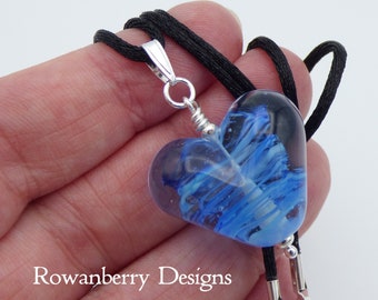 Swirling Heart Pendant Cord Necklace - Handmade Art Glass Bead & 925 Sterling Silver
