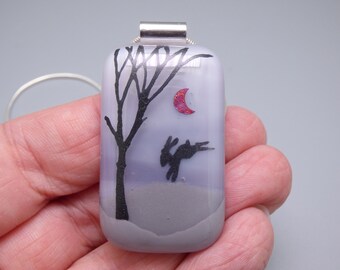 Leaping HARE, Moon and Tree Pendant - with Optional Chain or Cord - Handmade Fused Painted Art Glass & 925 Sterling Silver - Rowanberry
