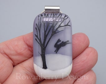 Snowy Leaping HARE and Tree Pendant - with Optional Chain or Cord - Handmade Fused Painted Art Glass & 925 Sterling Silver - Rowanberry