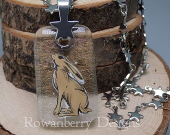 Starry Moon Gazing Hare Pendant Necklace- Handmade Fused & Painted Art Glass - with stainless steel - Rowanberry Designs