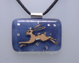LEAPING HARE and STARS Pendant - with Optional Cord Necklace - Handmade Fused Painted Art Glass & 925 Sterling Silver - Rowanberry Designs