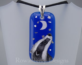 Moongazing Badger Pendant - with Optional Chain or Cord - Handmade Fused Painted Art Glass & 925 Sterling Silver - Rowanberry Designs