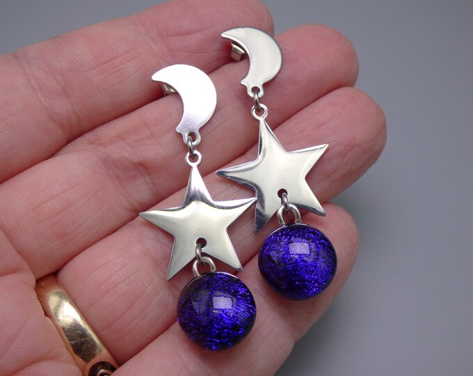 Celestial Moon and Star Dichroic Earrings - Handmade Fused Art Glass & Stainless Steel - Rowanberry Designs