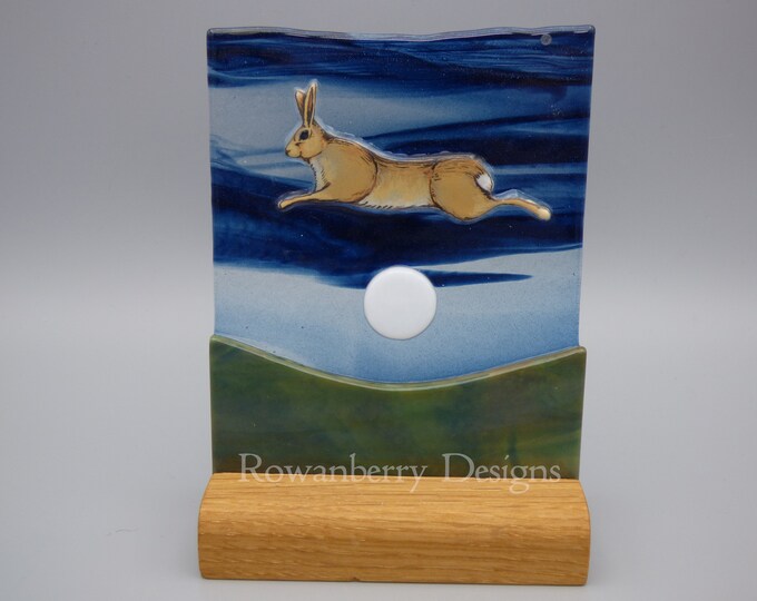 SLIGHT SECOND Moon Hare -  Handmade Painted & Fused Glass Picture Plaque and Stand - Rowanberry Designs - Art