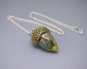 Acorn - Handmade Art Ceramic Pendant & Silver Plated Chain - Sterling Silver option