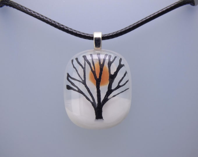 CLEARANCE Handmade Fused Art Glass Sunset Snow Tree Pendant with silver plated celtic clasp & veggie cord necklace