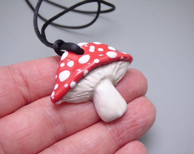 Mushroom Toadstool - Handmade Art Ceramic Pendant & Veggie Cord Necklace - 925 Silver option