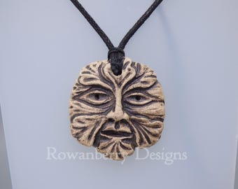 Handmade Ceramic Green Man Pendant and/or Ornament – with veggie cord - Carved Stone Style