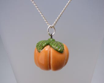 Pumpkin - Handmade Art Ceramic Pendant & Silver Plated Chain - Rowanberry Designs - Sterling Silver option