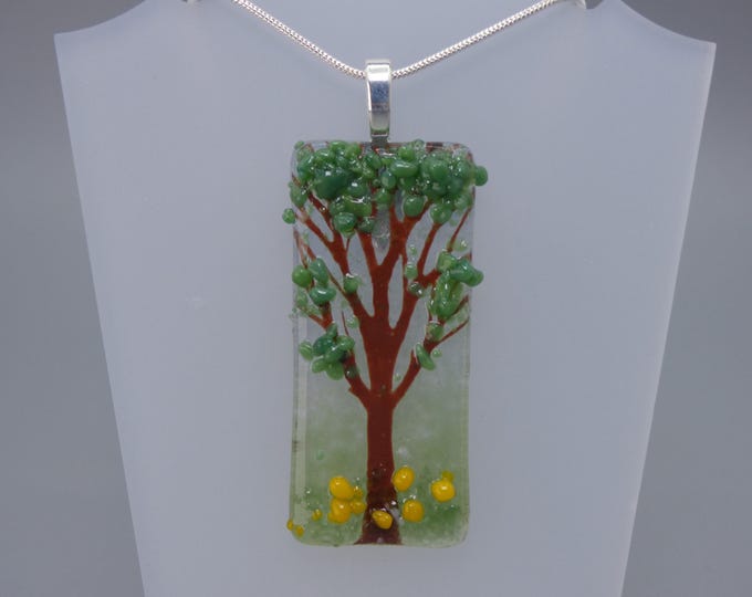 CLEARANCE Tree Pendant - Handmade Fused Painted Art Glass & Silver Plated Chain - Rowanberry Designs