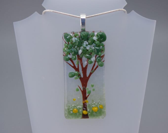 CLEARANCE Tree Pendant - Handmade Fused Painted Art Glass & Silver Plated Chain - Rowanberry Designs