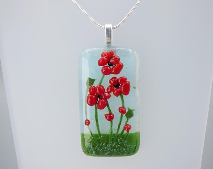 Handmade Fused Art Glass Poppies Pendant – with Silver Plated Chain