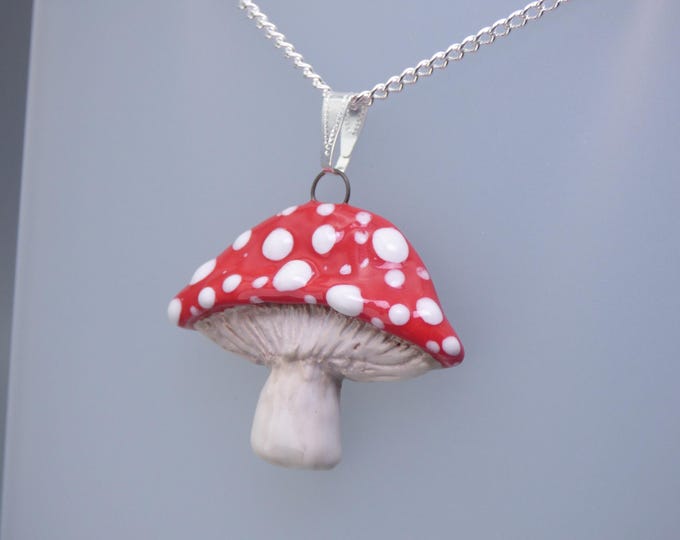 Mushroom Toadstool - Handmade Art Ceramic Pendant & Silver Plated Chain - 925 Silver option