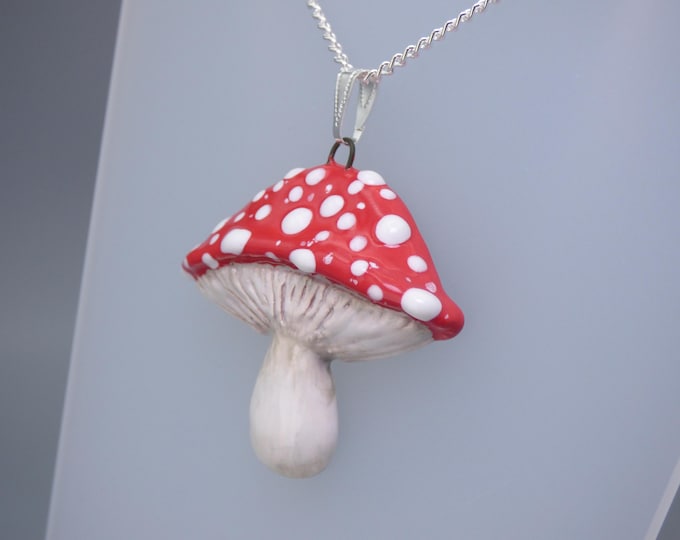 Mushroom Toadstool - Handmade Art Ceramic Pendant & Silver Plated Chain - 925 Silver option