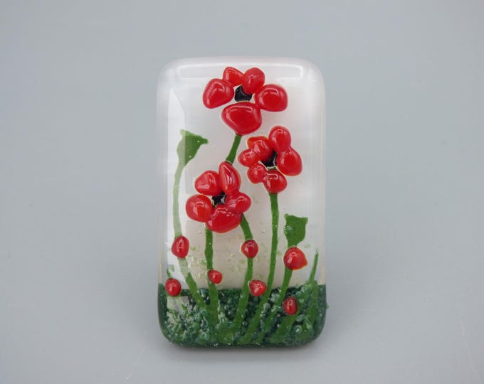 Poppies - Handmade Fused & Painted Art Glass Cabochon - Rowanberry Designs - Sterling Silver Pendant Upgrade Available