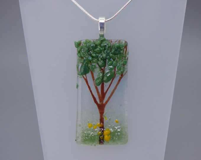 CLEARANCE Tree Pendant - Handmade Fused Painted Art Glass & Silver Plated Chain - Rowanberry Designs