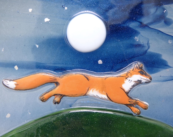 SECOND Leaping Fox and Moon -  Handmade Painted & Fused Glass Picture Plaque and Stand - Rowanberry Designs - Art