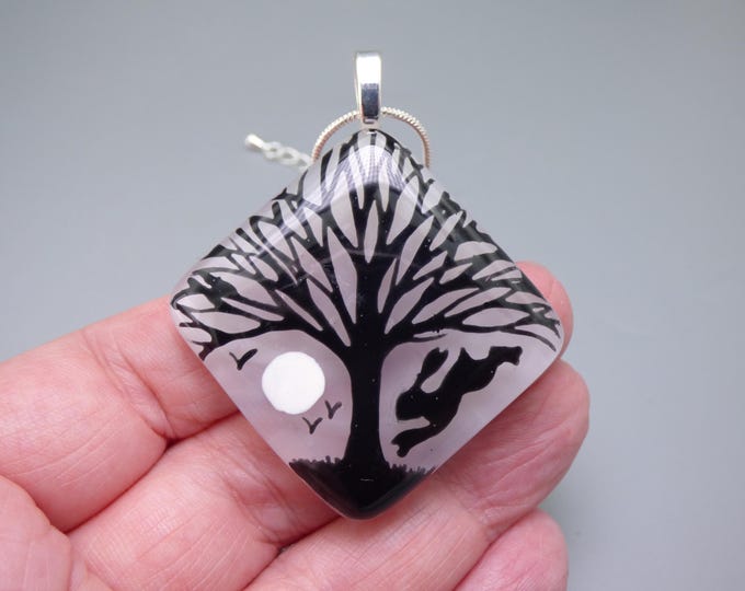 CLEARANCE Handmade Fused Art Glass Monochrome Tree & Hare Pendant – Silver Plated Chain