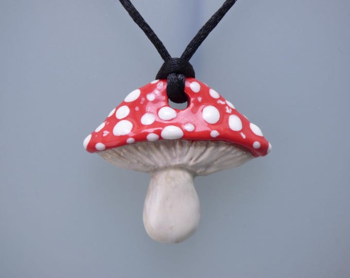 Mushroom Toadstool - Handmade Art Ceramic Pendant & Veggie Cord Necklace - 925 Silver option
