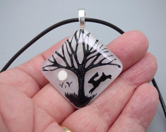 CLEARANCE Handmade Fused Art Glass Monochrome Tree & Hare Pendant – Silver Plated Chain