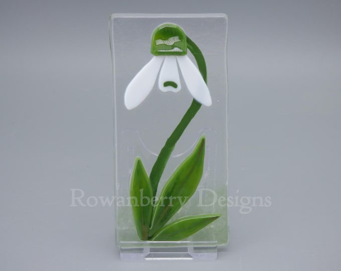 Snowdrop - Art Nouveau Style Handmade Glass Art Plaque with Stand  - Rowanberry Designs