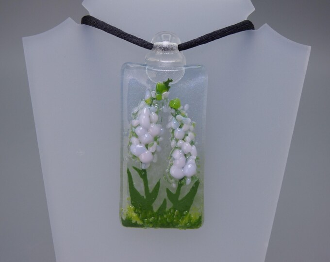CLEARANCE Snowdrops Pendant - with Optional Cord Necklace- Handmade Fused Painted Art Glass & 925 Sterling Silver - Rowanberry Designs