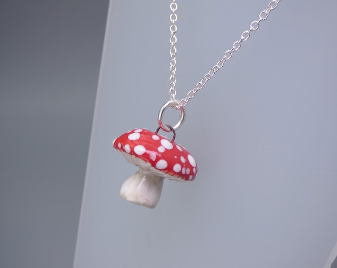 Mushroom Toadstool - Handmade Art Ceramic Pendant & Silver Plated Chain - 925 Silver option