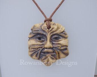 Handmade Ceramic Green Man Pendant and/or Ornament – with veggie cord - Carved Stone Style