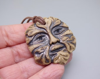 Handmade Ceramic Green Man Pendant and/or Ornament – with veggie cord - Carved Stone Style