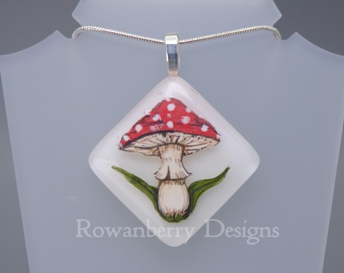TOADSTOOL Pendant - Handmade Fused Painted Art Glass & Silver Plated Chain - Rowanberry Designs