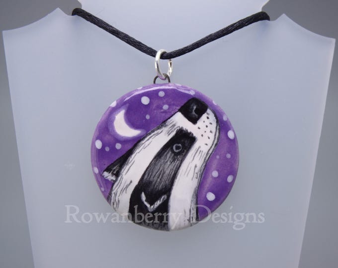 MOONGAZING BADGER Pendant/Necklace - Handmade Painted Art Ceramics & 925 Sterling Silver - Rowanberry Designs