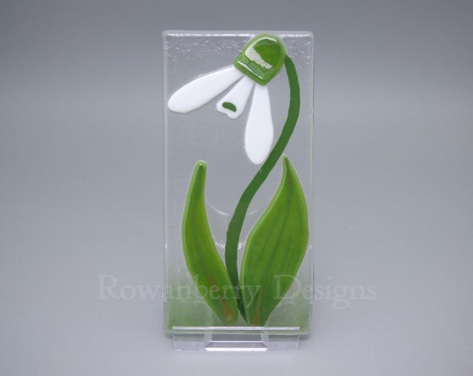 Snowdrop - Art Nouveau Style Handmade Glass Art Plaque with Stand  - Rowanberry Designs