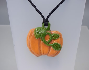 Handmade Ceramic Halloween Pumpkin Pendant – with optional cord necklace with sterling silver clasps - Rowanberry Designs