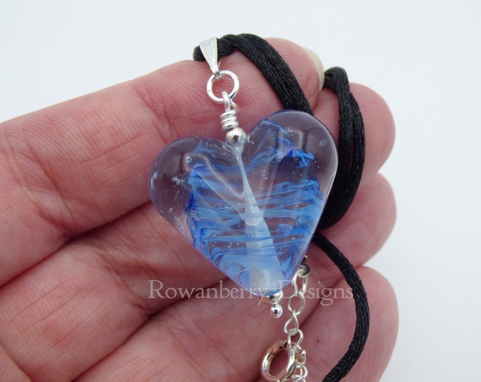 Swirling Heart Pendant Cord Necklace - Handmade Art Glass Bead & 925 Sterling Silver