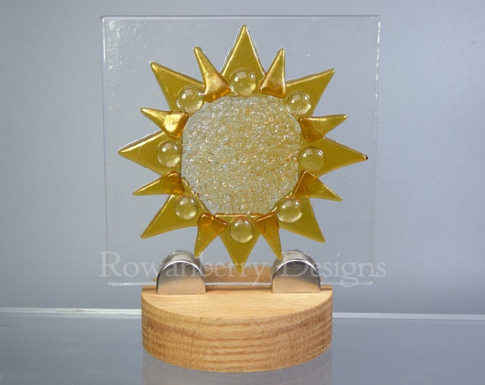 Solstice Sun -  Handmade Fused Art Glass Picture Plaque and Stand - Rowanberry Designs