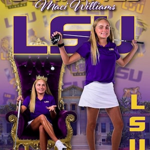 Op de afbeelding: Een digitale afbeelding met een persoon in een paars poloshirt en witte rok, die een golfclub vasthoudt. De persoon zit ook op een versierde paars-gouden stoel en draagt een kroon. Tekst bevat COMMITTED, Maci Williams en LSU.