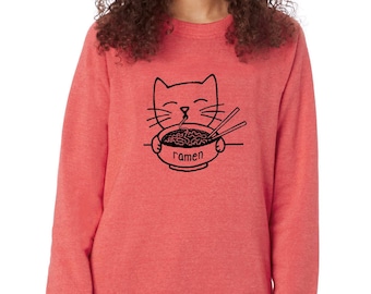 RAMEN CAT sweatshirt, cute cat fleece sweater, asian food lover, cat lover gift