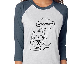 Om Meow yoga cat tee baseball raglan t-shirt unisex top meditation kitty