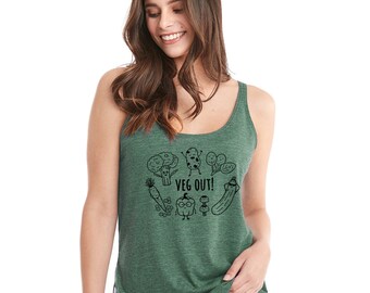 Veg Out scoop neck tank top, cute vegan vegetarian shirt, kawaii vegetables, eat more veggies