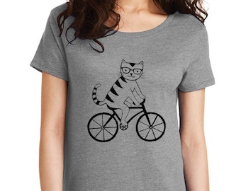 Cat riding bike bicycle nerd glasses screen print loose fit tee top kitty