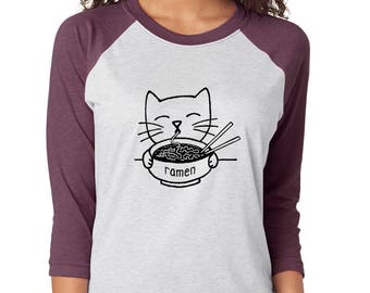 Cat eating Ramen t shirt, mens baseball tshirt, cute kitty drawing