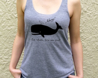 Ahoy Whale & Seagull womens tank top, cute funny nautical theme, illustrated design