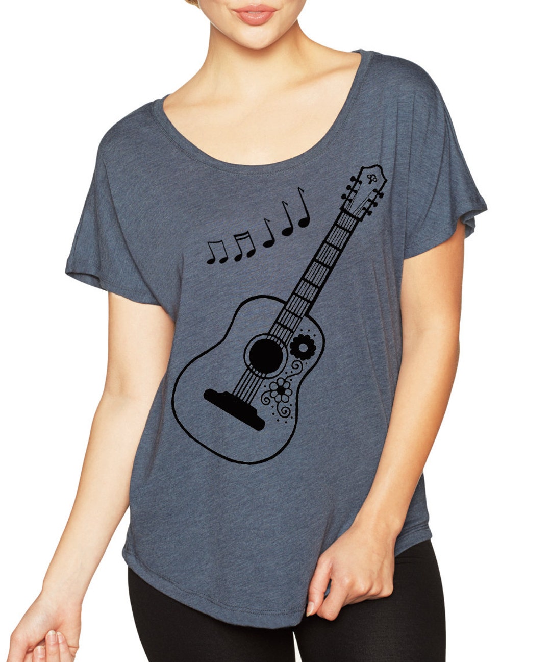 Acoustic GUITAR Music Notes Dolman Sleeve Loose Fit Tee Top Shirt ...