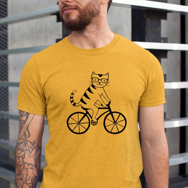 Cat riding bike bicycle tshirt mens unisex t shirt / nerd glasses / nerdy kitty