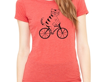 Cat riding bike bicycle FITTED t shirt scoopneck tee tshirt nerd glasses