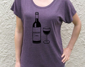 WINE lover wino dolman sleeve loose fit tee top t-shirt bottle glass vino