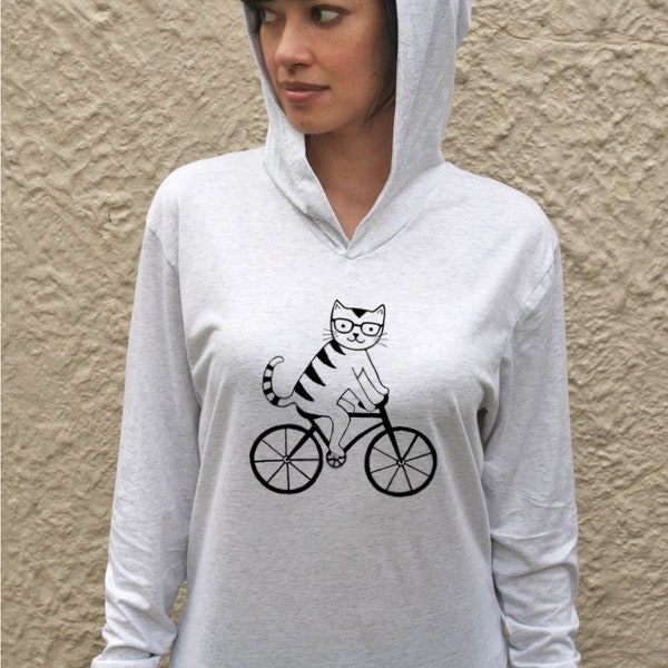 Cat riding bike long sleeve hoodie t-shirt tee shirt nerd kitty glasses smart